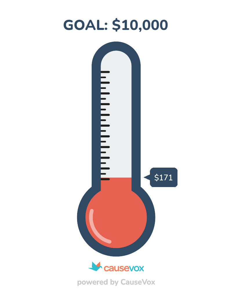 An image of a thermometer to show progress towards the fundraising goal. The thermometer is $171dollars full with a goal of $10,000